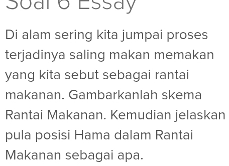 Soal 6 Essay 
Di alam sering kita jumpai proses 
terjadinya saling makan memakan 
yang kita sebut sebagai rantai 
makanan. Gambarkanlah skema 
Rantai Makanan. Kemudian jelaskan 
pula posisi Hama dalam Rantai 
Makanan sebagai apa.