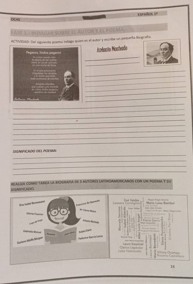 ESPAÑOl 1º
OCHS
FASE 1.- INDAGAR SOBRE EL AUTOR Y EL POEMA.
ACTIVIDAD: Del siguiente poema indaga quien es el autor y escribe un pequeña Biografia.
Pegasos, lindos pegasos
Antonío Machado
_
noche de festa
_
En el aire poivonento
_
_
_
_
_
de cobre, líndos pegasos
Antonie Mạch
_
_
_
_
_
_
_
_
_
_
SIGNIFICADO DEL POEMA:
_
_
_
REALIZA COMO TAREA LA BIOGRAFIA DE 3 AUTORES LATINOAMERICANOS CON UN POEMA Y SU
SIGNIFICADO.
Francisco de Quevedo Zoé Valdés Megual Agal Aeturias
Elsa Isabel Bornemann
Leonora Carrington María Luisa Bombal
Cesu Vallayo Maro Cagas Dea
M= Elona Walsh 97 a
Gloria Fuertes Elena Garró
Lope de Vega Antonio Machado
Gabriela Místral Foesias
Gustavo Adolfo Bécquer para niños Rubén Dario 2

.

Federico García Lorca
==e María Árpuetas
Laura Esquivel
Clarice Lispector
Luísa Valenzuela Silvina Ocampo
Rosario Casteliano
16