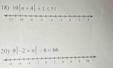 10|n+4|+1≤ 51
20) 9|-2+n|-6<66</tex>