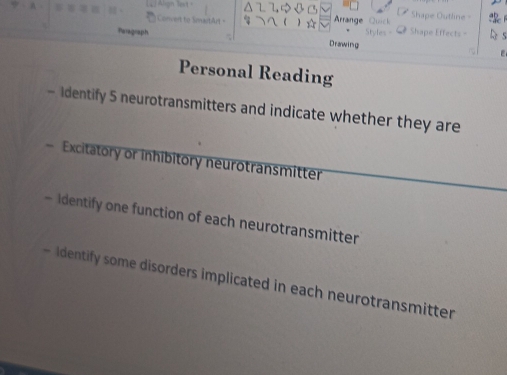 = Convert to SmartArt- Arrange Quick * Shape Effects Shape O 
Paragraph 
. 1 
Drawing 
F 
Personal Reading 
- Identify 5 neurotransmitters and indicate whether they are 
- Excitatory or inhibitory neurotransmitter 
- Identify one function of each neurotransmitter 
- Identify some disorders implicated in each neurotransmitter