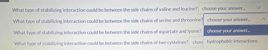 What type of stabilizing interaction could be between the side chains of valine and leucine? choose your answer.  
What type of stabilizing interaction could be between the side chains of serine and threonine? choose your answer. 
What type of stabilizing interaction could be between the side chains of aspartate and lysine? choose your answer... 
What type of stabilizing interaction could be between the side chains of two cysteines? choo： hydrophobic interactions