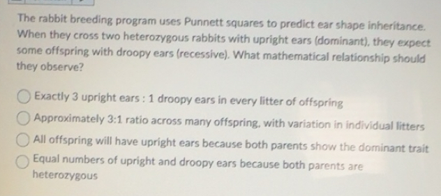 Solved: The rabbit breeding program uses Punnett squares to predict ear ...
