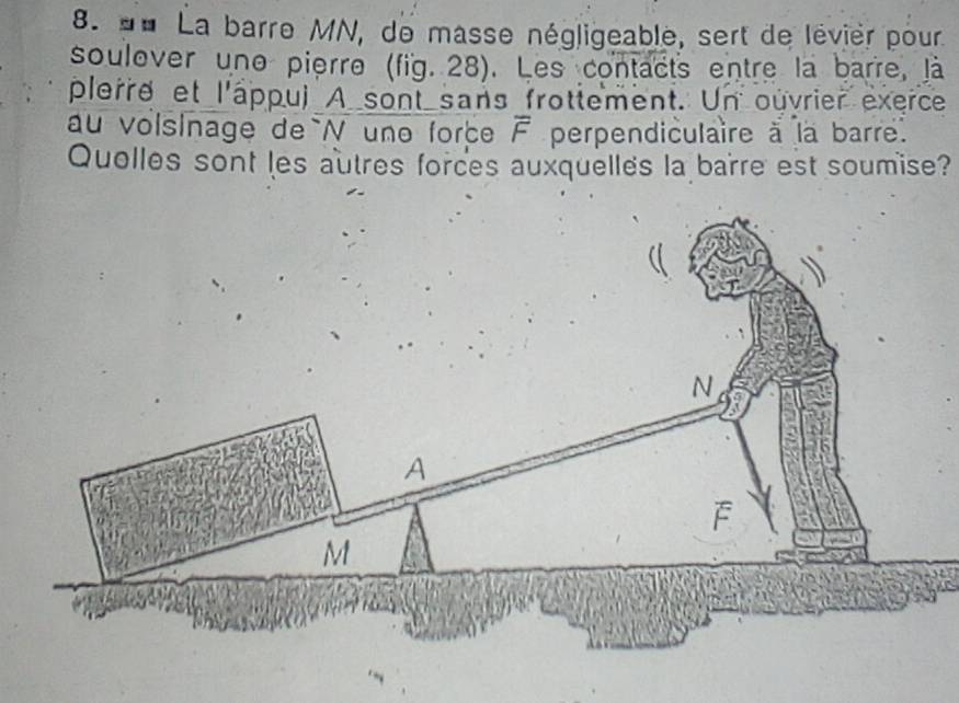 «« La barre MN, de masse négligeable, sert de lévier pour 
soulover une pierre (fig. 28). Les contacts entre la barre, là 
plerre et l'âppui A sont sans frottement. Un ouvrier exerce 
au volsinage de N une forc overline F perpendiculaire à la barre. 
Quolles sont les autres forces auxquelles la barre est soumise?
N
A
F
M
r