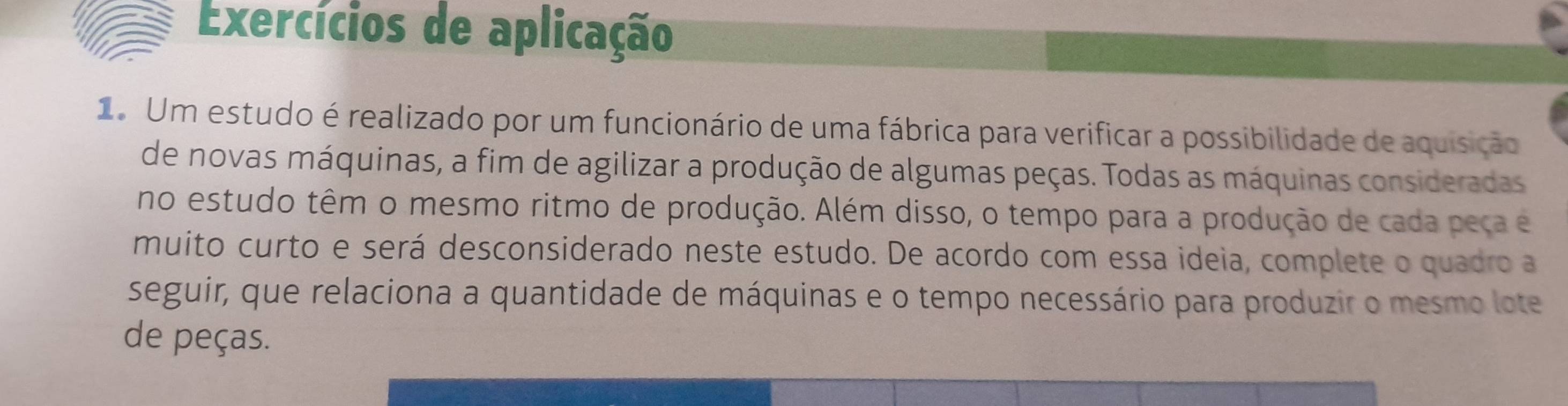 Exercícios de aplicação 
1. Um estudo é realizado por um funcionário de uma fábrica para verificar a possibilidade de aquisição 
de novas máquinas, a fim de agilizar a produção de algumas peças. Todas as máquinas consideradas 
no estudo têm o mesmo ritmo de produção. Além disso, o tempo para a produção de cada peça e 
muito curto e será desconsiderado neste estudo. De acordo com essa ideia, complete o quadro a 
seguir, que relaciona a quantidade de máquinas e o tempo necessário para produzir o mesmo lote 
de peças.