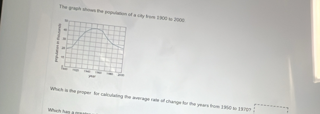 The graph shows the population of a city from 1900 to 2000. 
Which is the proper for calculating the average rate of change for the years from 1950 to 1970? 
Which has a great