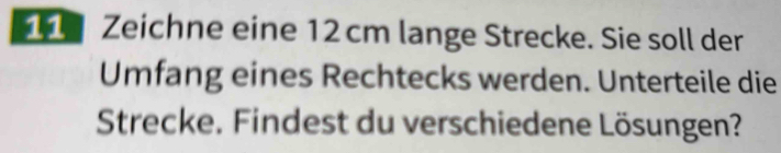 Zeichne eine 12 cm lange Strecke. Sie soll der 
Umfang eines Rechtecks werden. Unterteile die 
Strecke. Findest du verschiedene Lösungen?