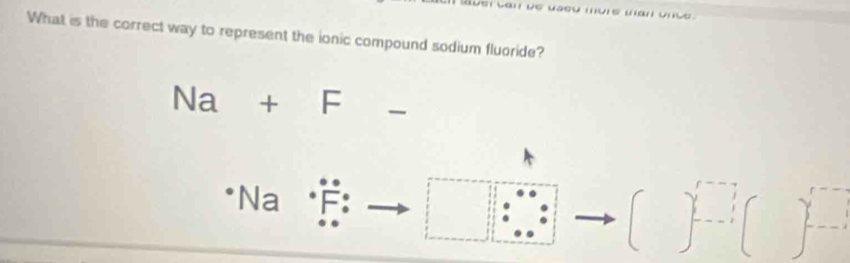 in uase.
What is the correct way to represent the ionic compound sodium fluoride?
Na+F -
* Na
□ :□