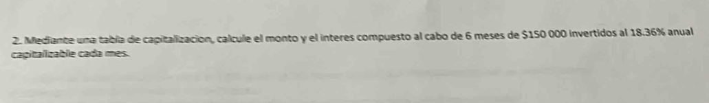 Mediante una tabía de capitalizacion, calcule el monto y el interes compuesto al cabo de 6 meses de $150 000 invertidos al 18.36% anual 
capitalizable cada mes.