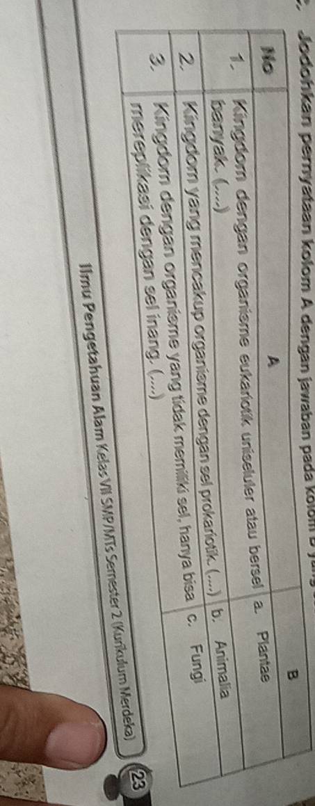 Jodohkan pernyataan kolom A dengan jawaban pada kolom b 
Ilmu Pengetahuan Alam Kelas