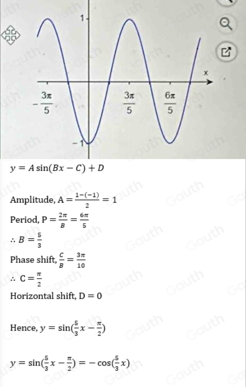 Amplitude, A= (1-(-1))/2 =1
Period, P= 2π /B = 6π /5 
∴ B= 5/3 
Phase shift,  C/B = 3π /10 
∴ C= π /2 
Horizontal shift, D=0
Hence, y=sin ( 5/3 x- π /2 )
y=sin ( 5/3 x- π /2 )=-cos ( 5/3 x)