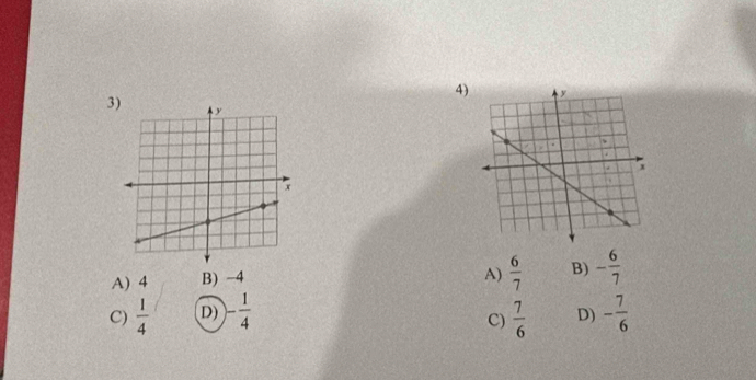 A) 4 B) -4
A)  6/7  B) - 6/7 
C)  1/4  D) )- 1/4   7/6  D) - 7/6 
C)