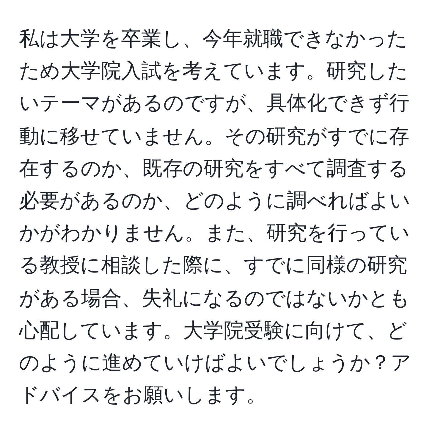 私は大学を卒業し、今年就職できなかったため大学院入試を考えています。研究したいテーマがあるのですが、具体化できず行動に移せていません。その研究がすでに存在するのか、既存の研究をすべて調査する必要があるのか、どのように調べればよいかがわかりません。また、研究を行っている教授に相談した際に、すでに同様の研究がある場合、失礼になるのではないかとも心配しています。大学院受験に向けて、どのように進めていけばよいでしょうか？アドバイスをお願いします。