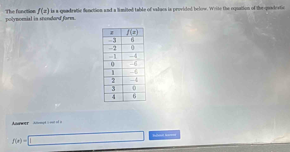 The function f(x) is a quadratic function and a limited table of values is provided below. Write the equation of the quadratic
polynomial in standard form.
Answer Attempt 1 out of 2
f(x)=□ Submit Answer