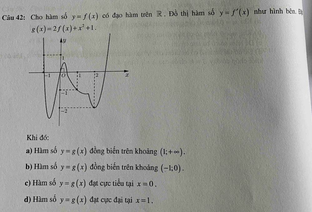 Cho hàm số y=f(x) có đạo hàm trên R. Đồ thị hàm số y=f'(x) như hình bên. Đ
g(x)=2f(x)+x^2+1. 
Khi đó:
a) Hàm số y=g(x) đồng biến trên khoảng (1;+∈fty ).
b) Hàm số y=g(x) đồng biến trên khoảng (-1;0).
c) Hàm số y=g(x) đạt cực tiểu tại x=0.
d) Hàm số y=g(x) đạt cực đại tại x=1.