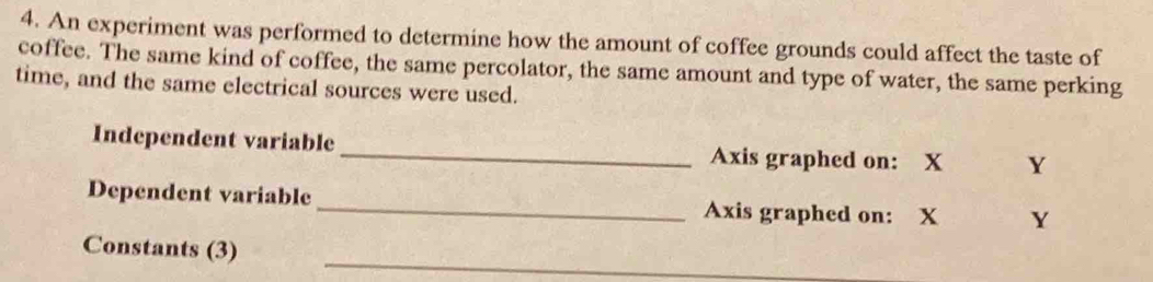 An experiment was performed to determine how the amount of coffee grounds could affect the taste of 
coffee. The same kind of coffee, the same percolator, the same amount and type of water, the same perking 
time, and the same electrical sources were used. 
Independent variable _Axis graphed on: X Y
Dependent variable _Axis graphed on: X Y
_ 
Constants (3)