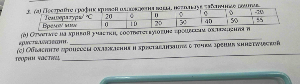 уя τабличные данные.
(b) Отметьте на кривой участки, соответствуюшие процесс
кристаллизации.
_
_
(с) Обьясните πроцессь охлаждения и кристаллизации с точки зрения кинетической
теории часΤиц.