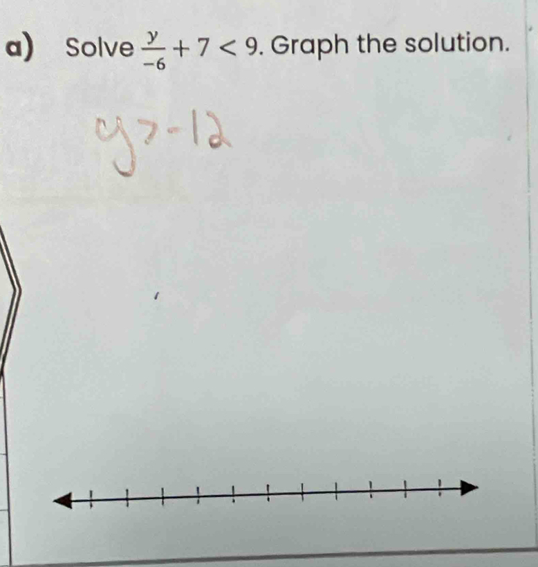 Solve  y/-6 +7<9</tex> . Graph the solution.