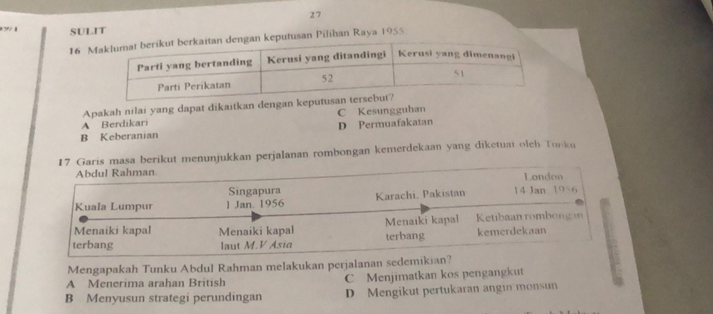 SULIT
16 keputusan Pilihan Raya 1955
Apakah nilai yang dapat dikaitkan dengan kepu
A Berdikari C Kesungguhan
B Keberanian D Permuafakatan
sa berikut menunjukkan perjalanan rombongan kemerdekaan yang diketuaı oleh Tunku
Mengapakah Tunku Abdul Rahman melakukan perjalanan sede
A Menerima arahan British C Menjimatkan kos pengangkut
B Menyusun strategi perundingan D Mengikut pertukaran angin monsun