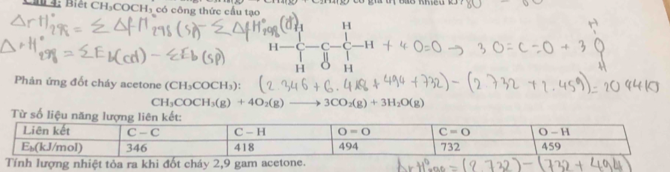 a 4: Biệt CH_3COCH_3 có công thức cầu tạo
. frac beginarrayr 0 1-endarray ] beginarrayr 1endarray  □  1-C-C-C-H+ 11endarray
Phản ứng đốt cháy acetone (CH_3COCH_3):
CH_3COCH_3(g)+4O_2(g)to 3CO_2(g)+3H_2O(g)