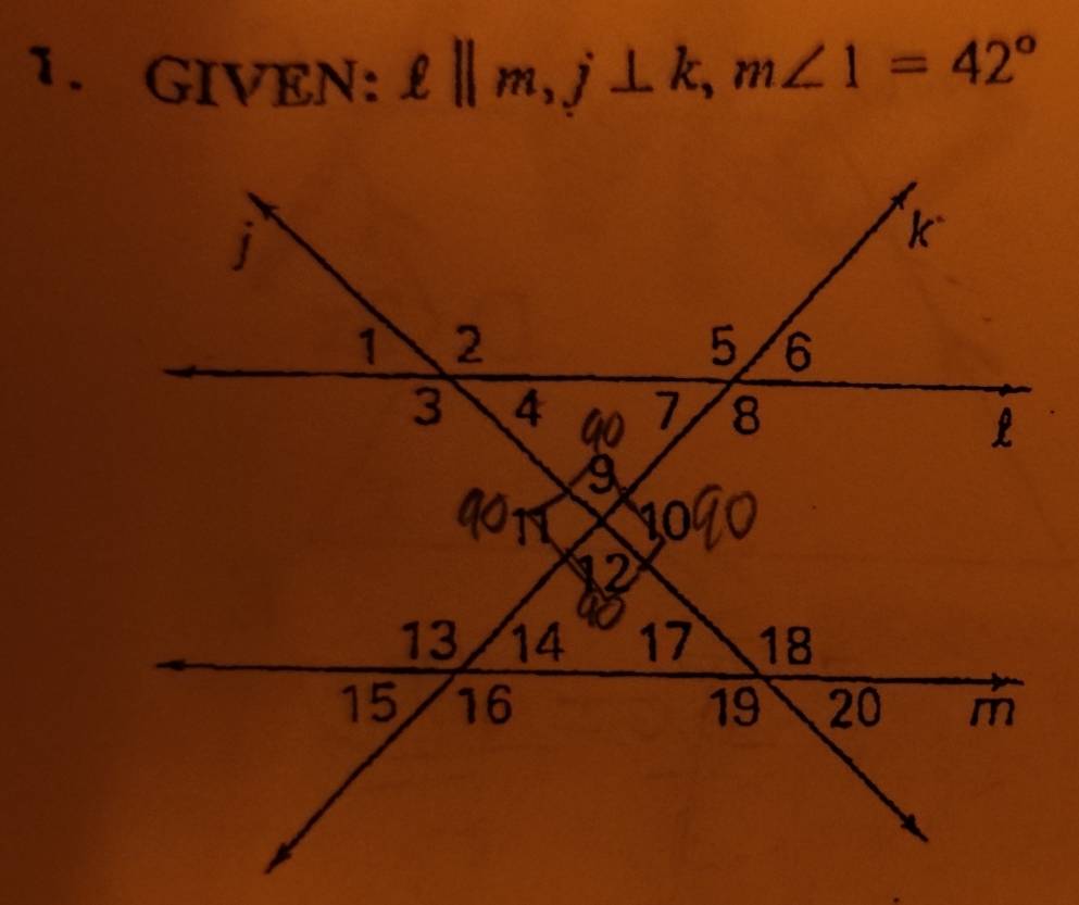 GIVEN: ell ||m,j⊥ k,m∠ 1=42°