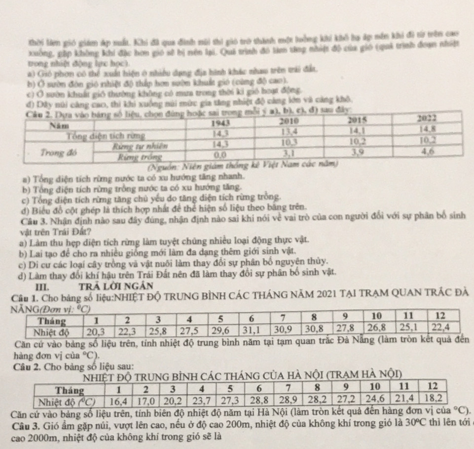 thời lêm gió giám áp suất. Khi đã qua đinh mhi thi gió tro thính một loởng khi khể lu áp nên khi đi từ vên cao
xuờng, gặp không khí đặc hơn gió sĩ bị nón hi. Quả trình đô tim từng nhấ đô của gió (qai trình đoan nhấật
trong nhiệt động lực học).
a) Gió phon có thể xuất hiện ở nhiều dạng địa hình khác nhau trên trái đất.
b) Ở sườn đòn gió nhiệt độ thấp hơn sườn khuất gió (cùng độ cao).
c) Ở suờn khuất gió thường không có cm trong thời ki gió hoạt động
đ) Dây núi cáng cao, thì khi xuộng núi mức gia tăng nhiệt độ cảng lên và cũng khô.
(Nguồn: Niên giám thống
a) Tổng diện tích rừng nước ta có xu hướng tăng nhanh.
b) Tổng điện tích rừng trồng nước ta có xu hướng tăng.
c) Tổng diện tích rừng tăng chủ yếu do tăng diện tích rừng trồng.
d) Biểu đồ cột ghép là thích hợp nhất để thể hiện số liệu theo bằng trên.
Câu 3. Nhận định nào sau đây đúng, nhận định nào sai khi nói về vai trò của con người đổi với sự phân bố sinh
vật trên Trái Đất?
a) Làm thu hẹp diện tích rừng làm tuyệt chủng nhiều loại động thực vật.
b) Lai tạo để cho ra nhiều giống mới làm đa dạng thêm giới sinh vật.
c) Di cư các loại cây trồng và vật nuôi làm thay đổi sự phân bố nguyên thủy.
d) Làm thay đổi khí hậu trên Trái Đất nên đã làm thay đổi sự phân bố sinh vật.
III. tRÁ LờI Ngân
Cầu 1. Cho bảng số liệu:NHIỆT Độ TRUNG BÌNH CÁC THÁNG NÃM 2021 TAI TRAM QUAN TRÁC ĐÁ
Căn cứ vào bảng số liệu trên, tính nhiệt độ trung bình năm tại tạm quan trắc
hàng đơn vị của°C).
Câu 2, Cho bảng số liệu sau:
C tHánG Của hà nộI (trAm hà nội)
Căn cứ vào bảng số liệu trên, tính biên độ nhiệt độ năm tại Hà Nội (làm tròn kết quả đến hàng đơn
Câu 3. Gió ẩm gặp núi, vượt lên cao, nếu ở độ cao 200m, nhiệt độ của không khí trong gió là 30^oC thì lên tới
cao 2000m, nhiệt độ của không khí trong gió sẽ là