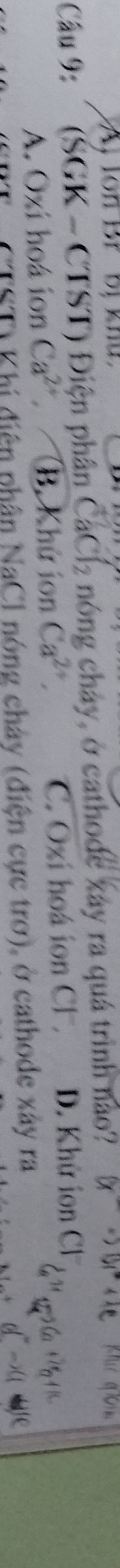 A, lon Br bị khu
Câu 9: (SGK - CTST) Điện phân Cát Cl_2 nóng cháy, ở cathode xáy ra quá trình nào?
A. Ozi hoá ion Ca^(2+) B. Khứ ion Ca^(2+), C. Ozi hoá ion Cl. D. Khử ion Cl
(TST) Khi điện phân NaCl nóng chây (điện cực trơ), ở cathode xây ra