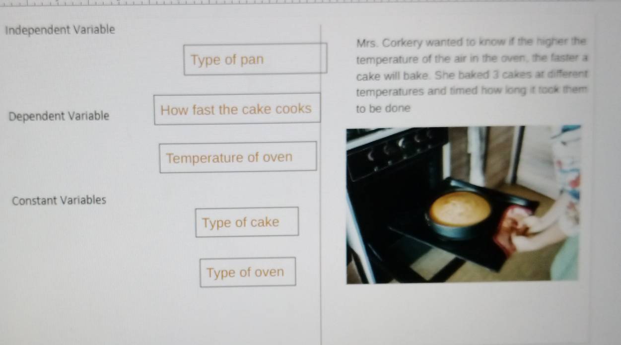 Independent Variable 
Mrs. Corkery wanted to know if the higher the 
Type of pan temperature of the air in the oven, the faster a 
cake will bake. She baked 3 cakes at different 
temperatures and timed how long it took them 
Dependent Variable How fast the cake cooks to be done 
Temperature of oven 
Constant Variables 
Type of cake 
Type of oven