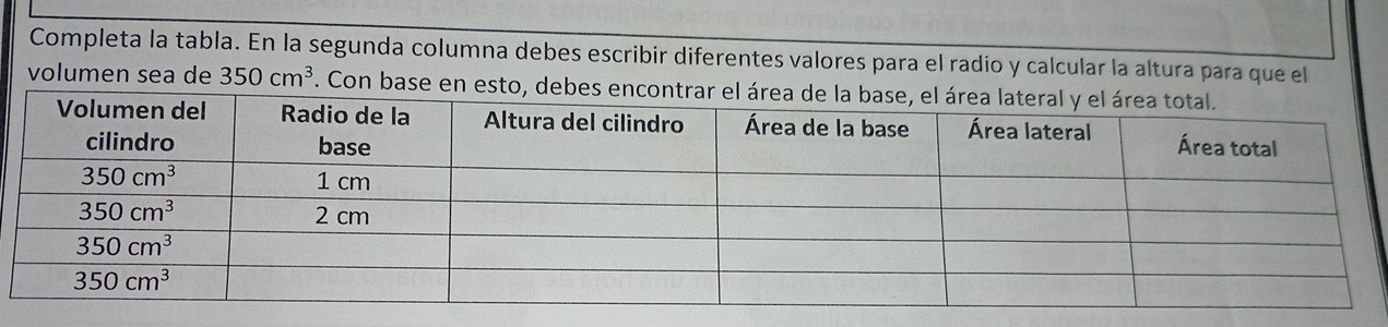 Completa la tabla. En la segunda columna debes escribir diferentes valores para el radio y calcular la altura para que el
volumen sea de 350cm^3. Con base en esto, debes encont