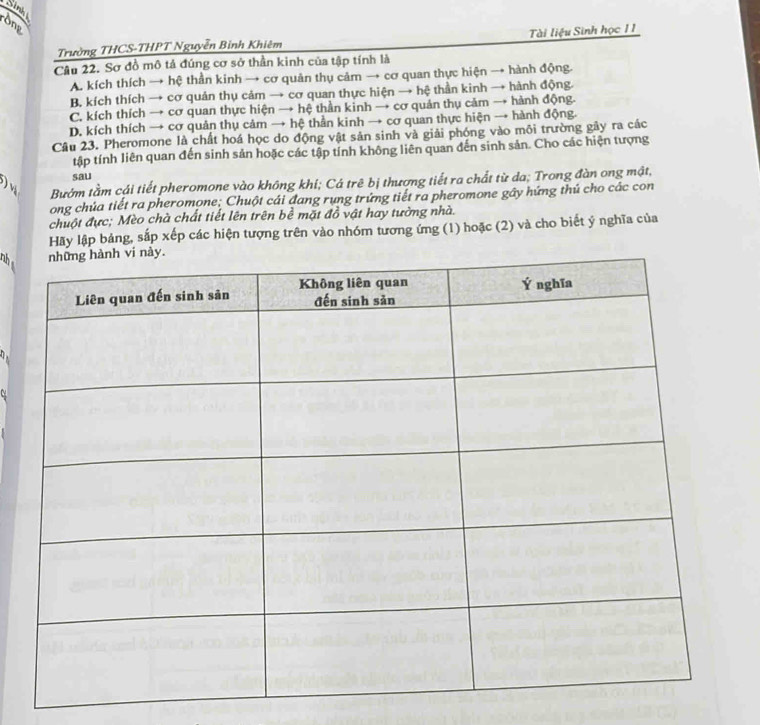 Sinh
ròn
Trường THCS-THPT Nguyễn Binh Khiêm Tài liệu Sinh học II
Câu 22. Sơ đồ mô tả đúng cơ sở thần kinh của tập tính là
A. kích thích → hệ thần kinh → cơ quản thụ cảm → cơ quan thực hiện → hành động.
B. kích thích → cơ quản thụ cảm → cơ quan thực hiện → hệ thần kinh → hành động
C. kích thích → cơ quan thực hiện → hệ thần kinh → cơ quản thụ cảm → hành động.
D. kích thích → cơ quản thụ cảm → hệ thần kinh → cơ quan thực hiện → hành động.
Câu 23. Pheromone là chất hoá học do động vật sản sinh và giải phóng vào môi trường gây ra các
tập tính liên quan đến sinh sản hoặc các tập tính không liên quan đến sinh sản. Cho các hiện tượng
sau
Bướm tầm cái tiết pheromone vào không khi; Cá trê bị thương tiết ra chất từ da; Trong đàn ong mật,
ong chúa tiết ra pheromone; Chuột cái đang rụng trứng tiết ra pheromone gây hứng thủ cho các con
chuột đực; Mèo chà chất tiết lên trên bề mặt đồ vật hay tưởng nhà.
Hãy lập bảng, sắp xếp các hiện tượng trên vào nhóm tương ứng (1) hoặc (2) và cho biết ý nghĩa của
Ph
n