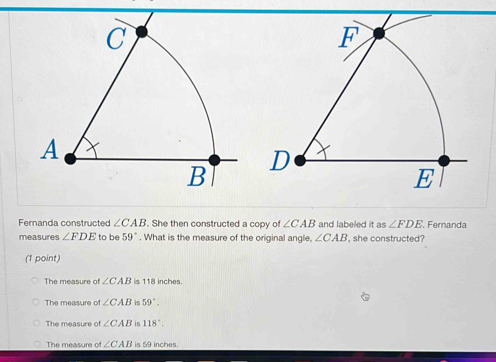 Solved: Fernanda constructed ∠ CAB. She then constructed a copy of ∠ ...