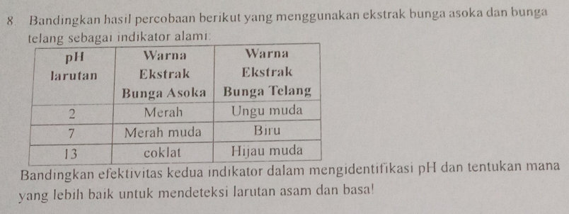 Bandingkan hasil percobaan berikut yang menggunakan ekstrak bunga asoka dan bunga 
lang sebagai indikator alami: 
Bandingkan efektivitas kedua indıkator dalam mengidentifikasi pH dan tentukan mana 
yang lebih baik untuk mendeteksi larutan asam dan basa!