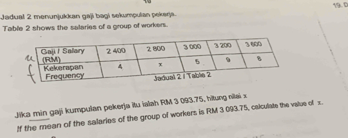 10 
19. D 
Jadual 2 menunjukkan gaji bagi sekumpulan pekerja. 
Table 2 shows the salaries of a group of workers. 
Jika min gaji kumpulan pekerja itu ialah RM 3 093.75, hitung nilai x
If the mean of the salaries of the group of workers is RM 3 093.75, calculate the value of x.