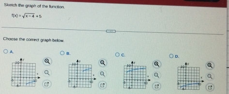 Sketch the graph of the function.
f(x)=sqrt(x-4)+5
Choose the correct graph bellow. 
A. 
B. 
C. D.