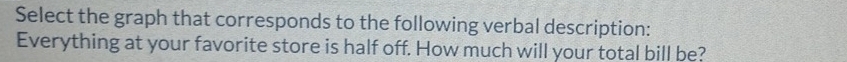 Select the graph that corresponds to the following verbal description: 
Everything at your favorite store is half off. How much will your total bill be?