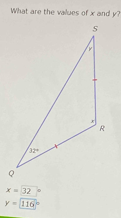 What are the values of x and y?
x=32 。
y=116