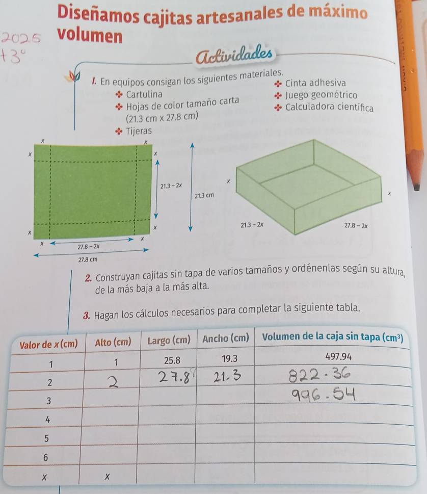 Diseñamos cajitas artesanales de máximo
volumen
Actividades
. En equipos consigan los siguientes materiales. Cinta adhesiva a a
Cartulina
Hojas de color tamaño carta Juego geométrico
Calculadora científica
(21.3cm* 27.8cm)
Tijeras
×
×
×
x
21.3-2x
21.3 cm
×
×
x
x 27.8-2x
27.8 cm
2. Construyan cajitas sin tapa de varios tamaños y ordénenlas según su altura,
de la más baja a la más alta.
3. Hagan los cálculos necesarios para completar la siguiente tabla.