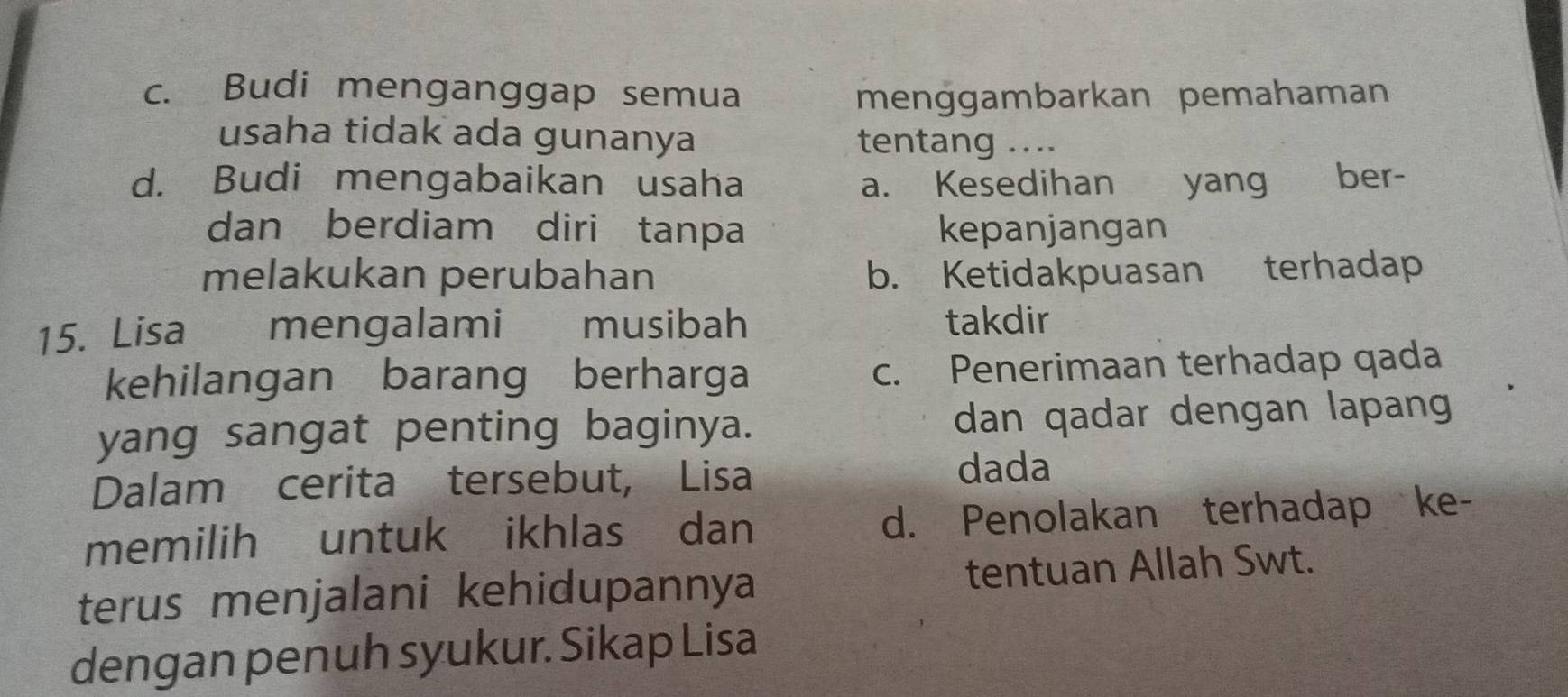 c. Budi menganggap semua menggambarkan pemahaman
usaha tidak ada gunanya tentang ....
d. Budi mengabaikan usaha a. Kesedihan yang ber-
dan berdiam diri tanpa kepanjangan
melakukan perubahan b. Ketidakpuasan terhadap
15. Lisa mengalami musibah takdir
kehilangan barang berharga c. Penerimaan terhadap qada
yang sangat penting baginya. dan qadar dengan lapang
Dalam cerita tersebut, Lisa
dada
memilih untuk ikhlas dan d. Penolakan terhadap ke-
terus menjalani kehidupannya tentuan Allah Swt.
dengan penuh syukur. Sikap Lisa