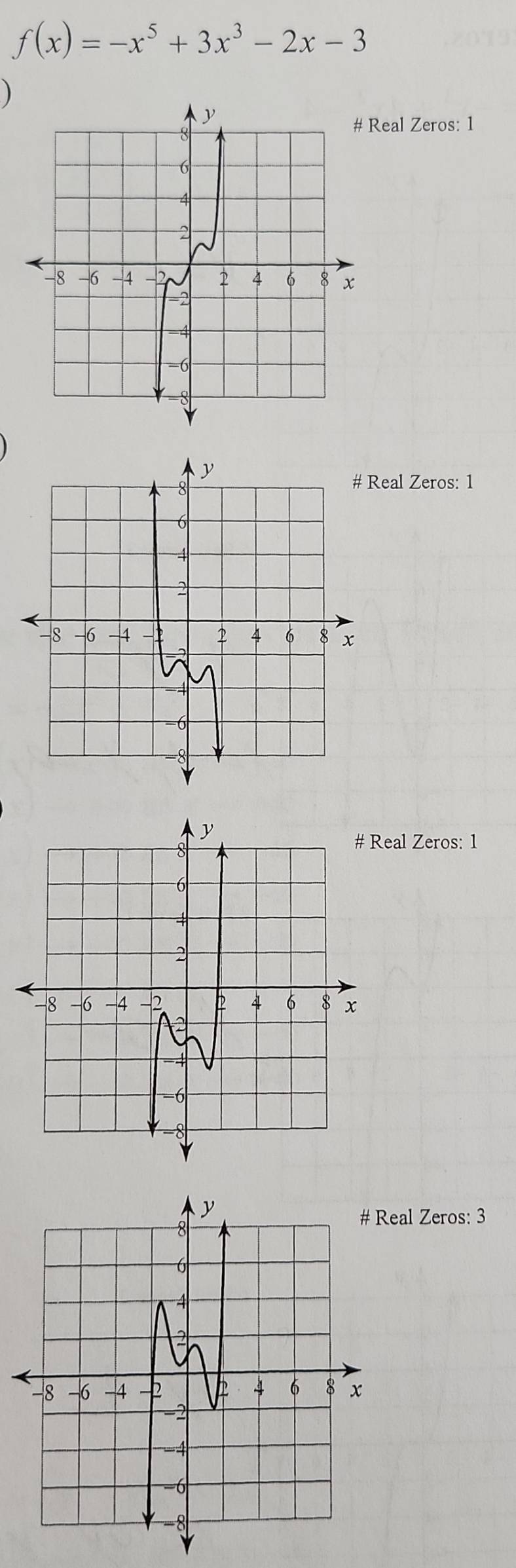 f(x)=-x^5+3x^3-2x-3
)
Real Zeros: 1
Real Zeros: 1
eal Zeros: 1
al Zeros: 3