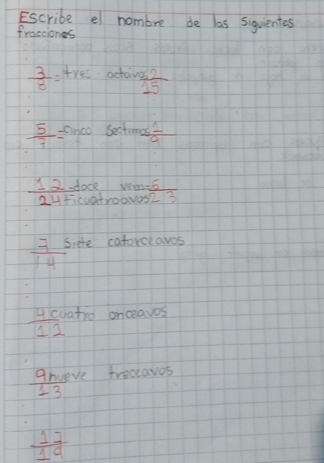 Escribe el nombre de las siquientes 
fracciones
 3/8 =tres actoiv  052/15 
 5/7 = anco Sectimes  1/a 
-doce vepa-s
 12/24  ficuatroovos  (-0)/23 
 75/14  Siete caforceawos
 4cu/12  atro onceavos 
Anveve treceavos
 11ve/13 
 11/19 