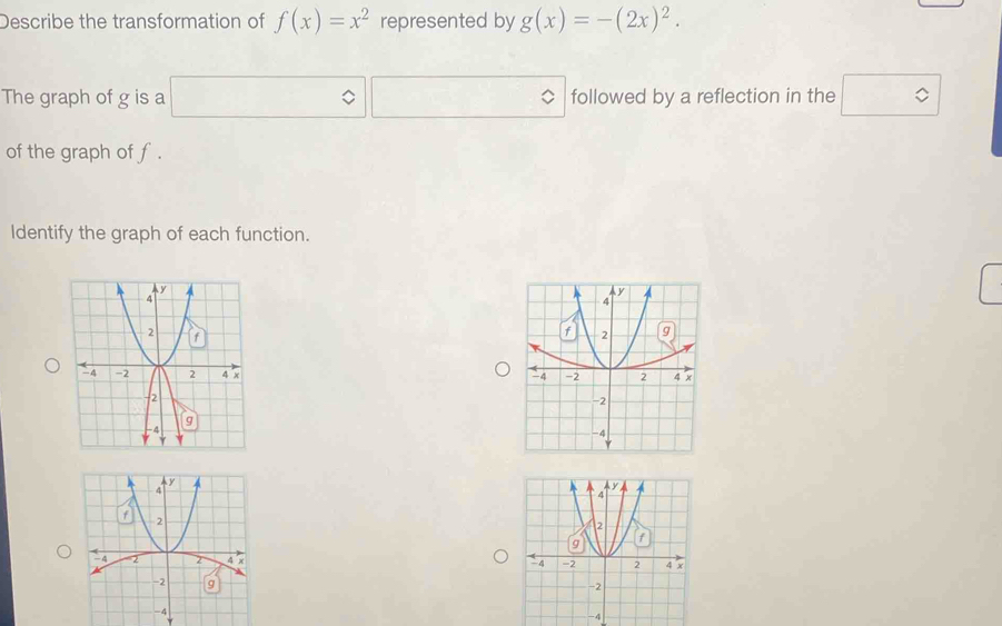 Describe the transformation of f(x)=x^2 represented by g(x)=-(2x)^2. 
The graph of g is a° □  x_n ∴ △ ABC followed by a reflection in the □ bigcirc 
of the graph of f. 
Identify the graph of each function.