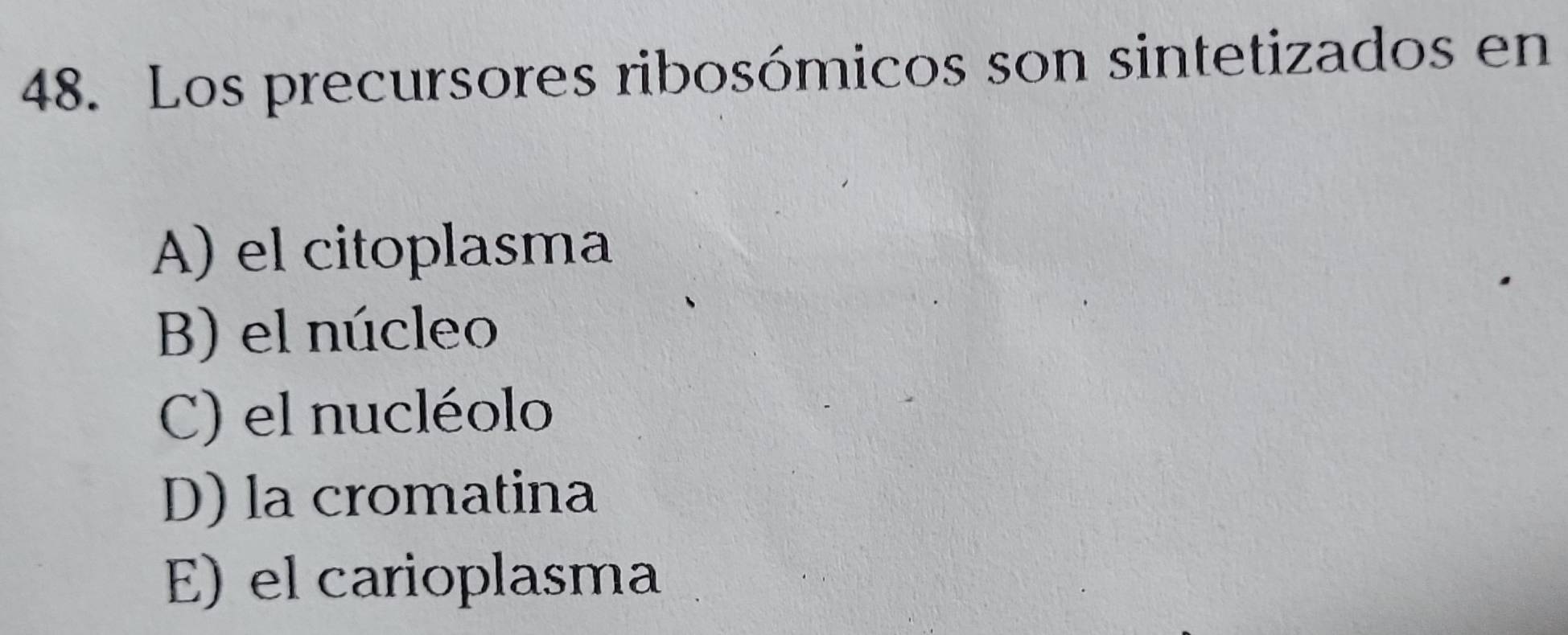 Los precursores ribosómicos son sintetizados en
A) el citoplasma
B) el núcleo
C) el nucléolo
D) la cromatina
E) el carioplasma