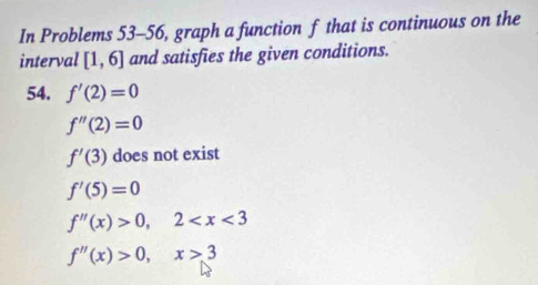 In Problems 53-56, graph a function f that is continuous on the
interval [1,6] and satisfies the given conditions.
54. f'(2)=0
f''(2)=0
f'(3) does not exist
f'(5)=0
f''(x)>0, 2
f''(x)>0, x>3