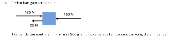 Perhatikan gambar berikut. 
Jika benda tersebut memiliki massa 500 gram, maka berapakah percepatan yang dialami benda !