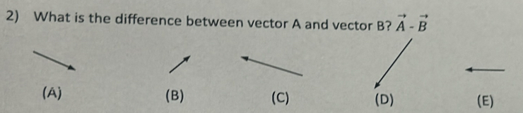 What is the difference between vector A and vector B? vector A-vector B
(A) (B) (C) (D) (E)