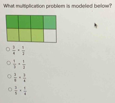 What multiplication problem is modeled below?
 3/4 *  1/2 
 1/3 *  1/2 
 3/8 *  3/4 
 3/5 *  1/4 