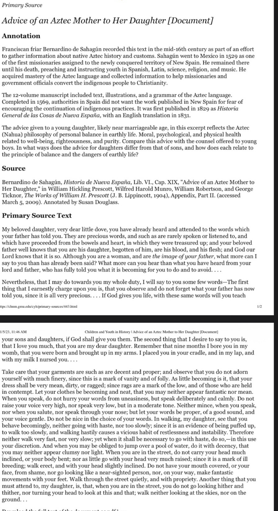 Solved: Primary Source Advice of an Aztec Mother to Her Daughter ...