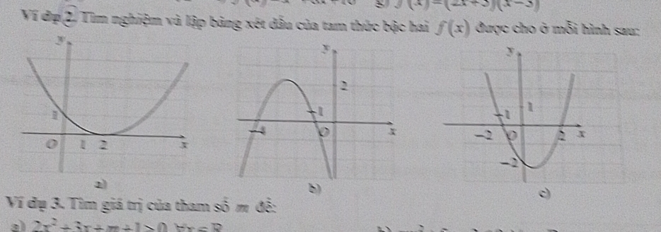 y(x)-(2x+3)(x-3)
Ví đợ 2. Tìm nghiệm và lập bảng xét dầu của tam thức bậc hai f(x) được cho ở mỗi hình sau: 
2) 
b) 
c) 
Ví đụ 3. Tìm giá trị của tham shat om den 
2 2x^2+3x+m+1>0 fx=R