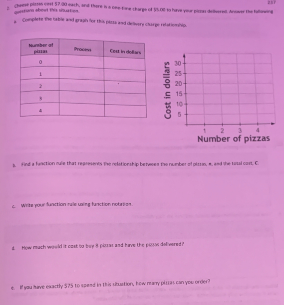 237 
2. Cheese pizzas cost $7.00 each, and there is a one-time charge of $5.00 to have your pizzas delivered. Answer the following 
questions about this situation. 
⊥ Complete the table and graph for this pizza and delivery charge relationship. 
b. Find a function rule that represents the relationship between the number of pizzas, n, and the total cost, C. 
c. Write your function rule using function notation. 
d. How much would it cost to buy 8 pizzas and have the pizzas delivered? 
e. If you have exactly $75 to spend in this situation, how many pizzas can you order?