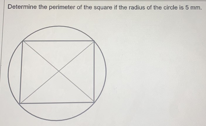 Determine the perimeter of the square if the radius of the circle is 5 mm.