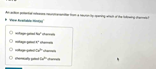 An action potential releases neurotransmitter from a neuron by opening which of the following channels?
View Available Hint(s)
voltage-gated Na^+ channeis
voltage-gated K^+ channels
voltage-gated Ca^(2+) channels
chemically gated Ca^(2+) channels